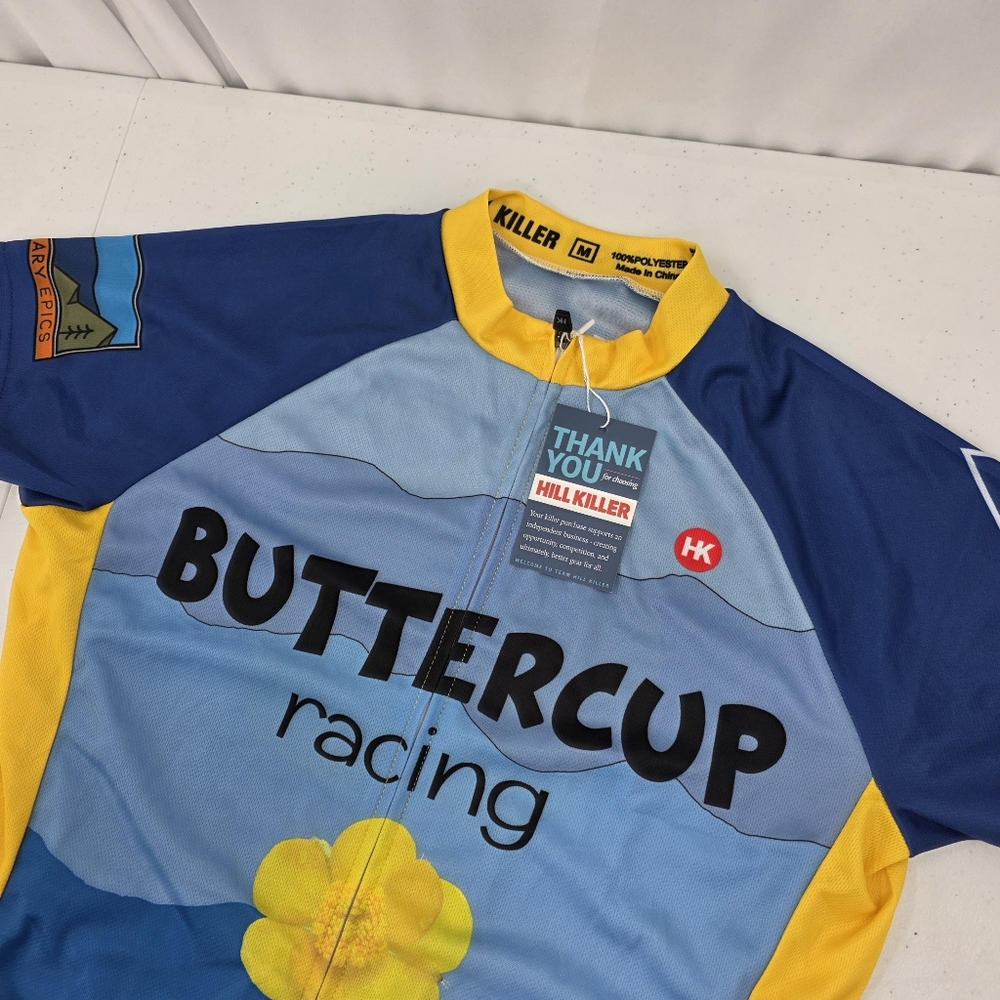 NWT Hill Killer Jersey Race Buttercup Racing Men's Medium Blue‎ Yellow Pockets.